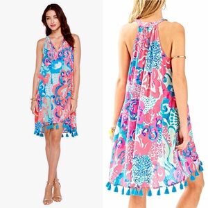 Lilly Pulitzer Roxi Dress Coral Reef I’m So‎ Jelly Boho Tassels Neon Pink Blue